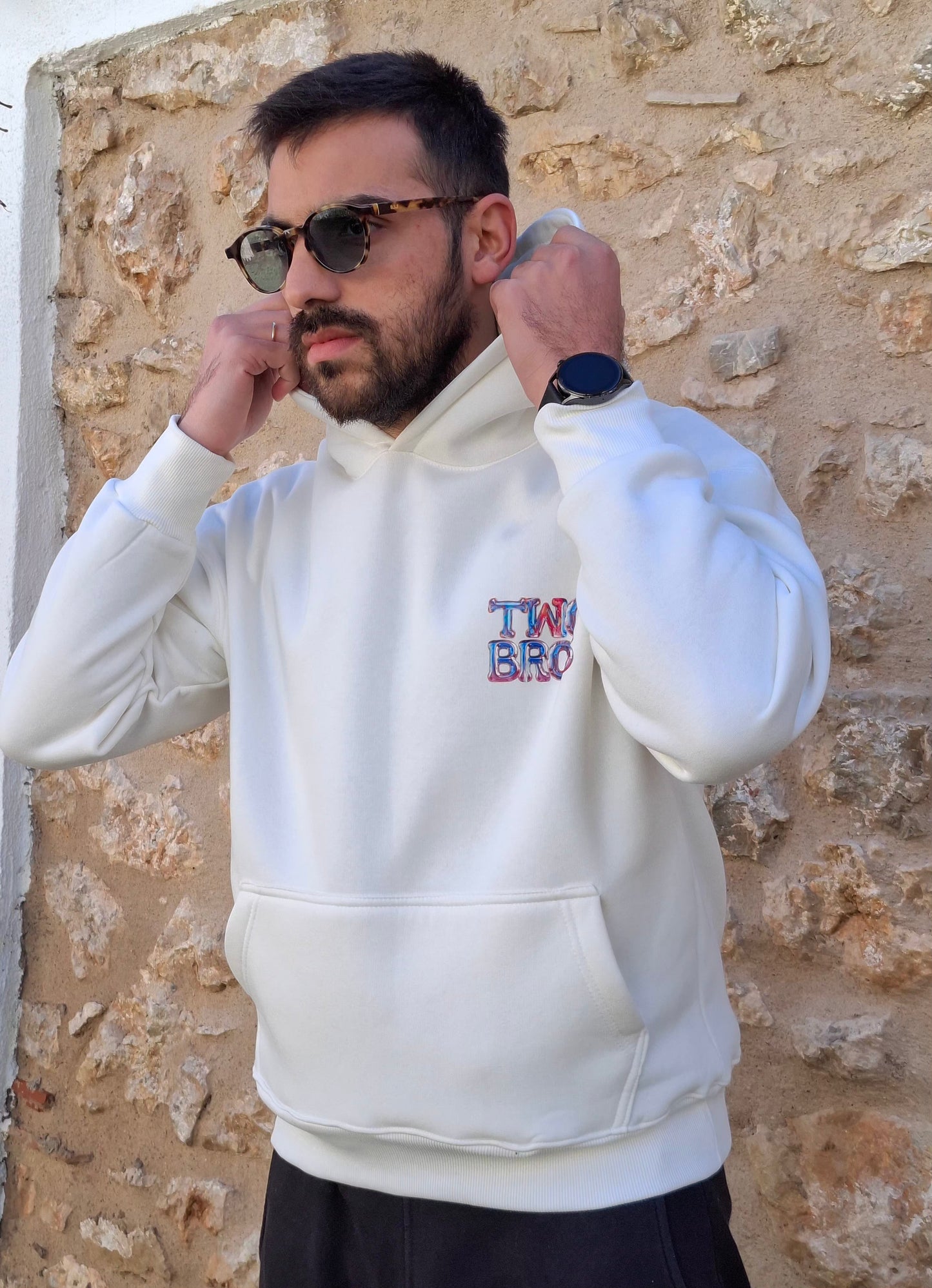 Oversize Hoodie Two Bros Logo - Λευκό