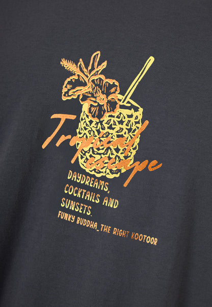 Ανδρικό Oversized T-Shirt Funky Buddha Tropical Print Ανθρακί