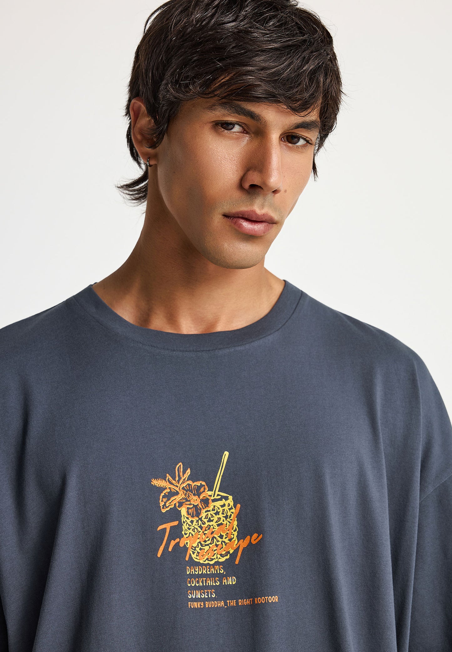 Ανδρικό Oversized T-Shirt Funky Buddha Tropical Print Ανθρακί
