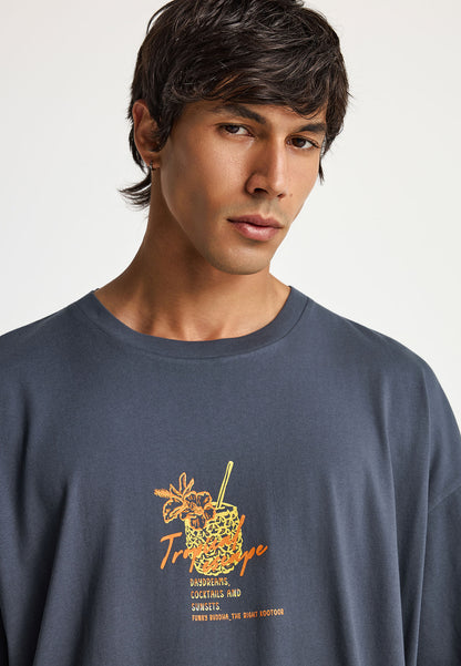 Ανδρικό Oversized T-Shirt Funky Buddha Tropical Print Ανθρακί