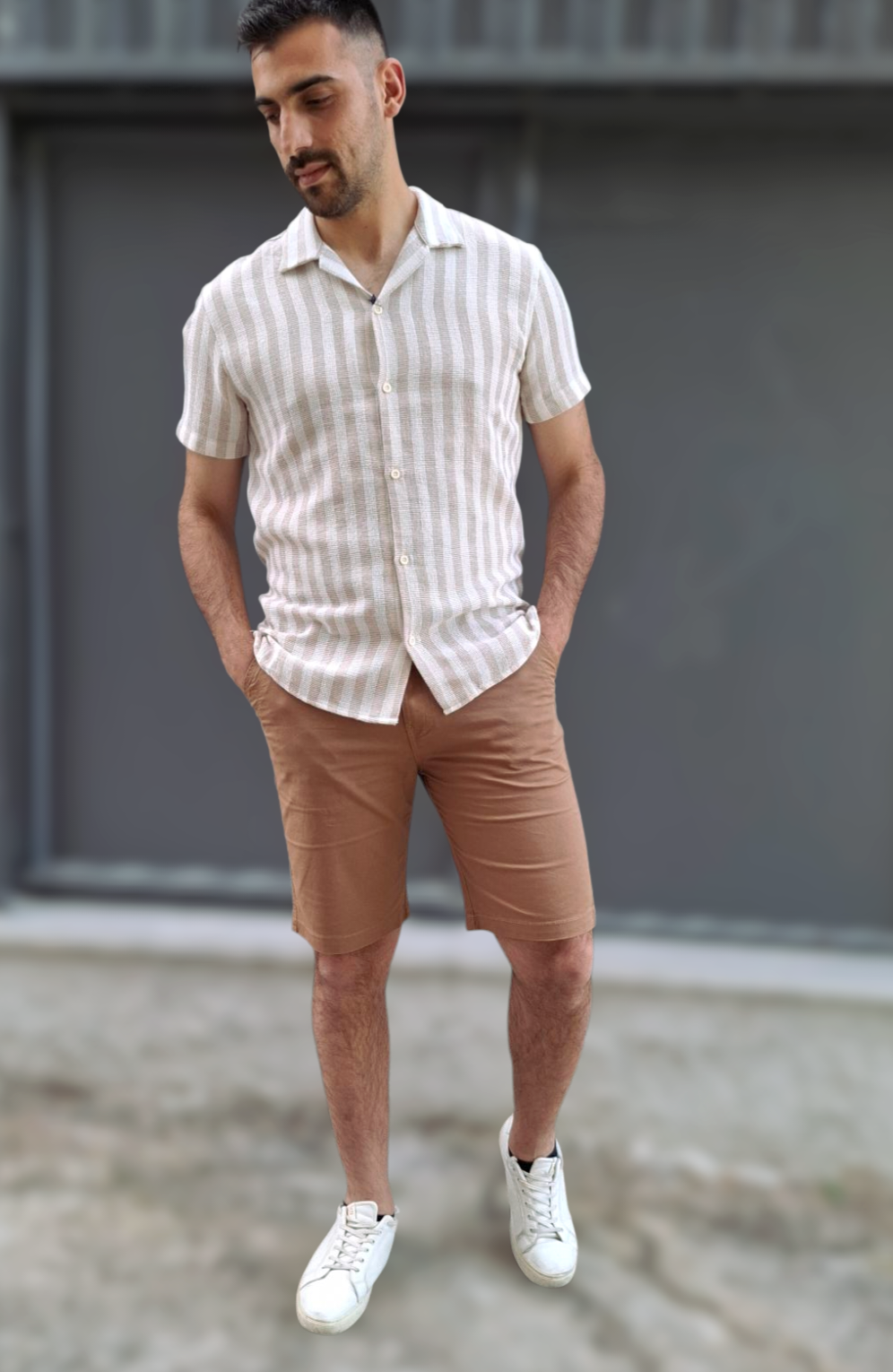 Κοντομάνικο Πουκάμισο Regular Fit - Μπεζ Ριγέ