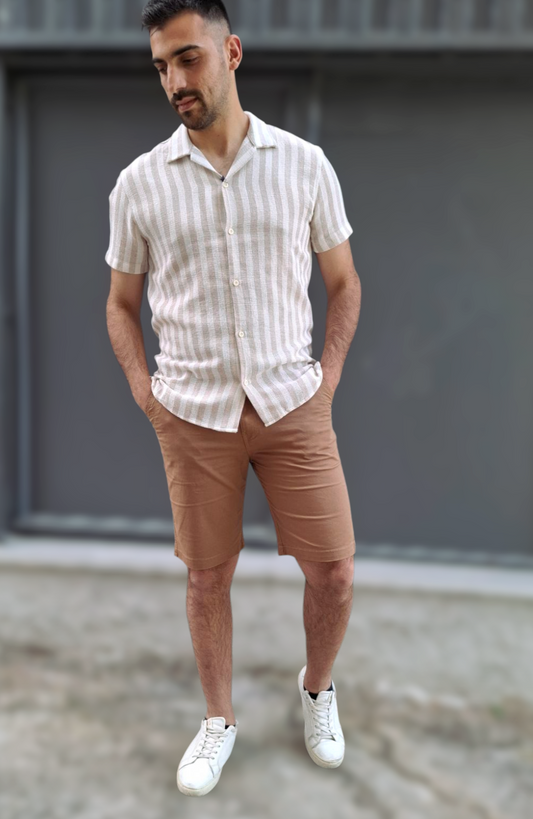 Κοντομάνικο Πουκάμισο Regular Fit - Μπεζ Ριγέ