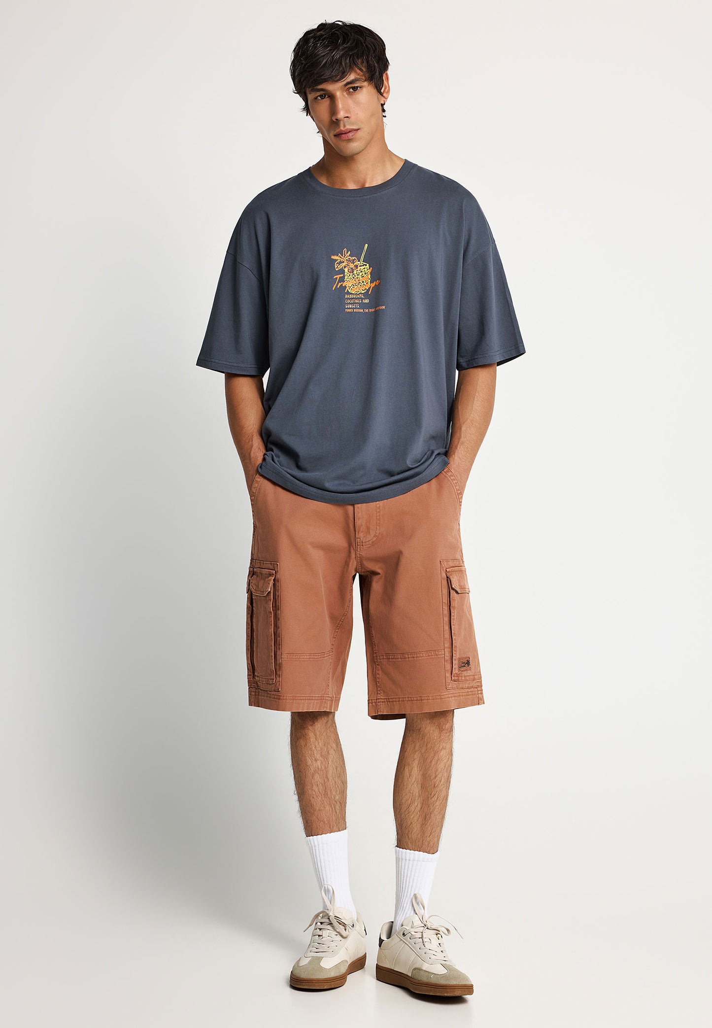 Ανδρικό Oversized T-Shirt Funky Buddha Tropical Print Ανθρακί