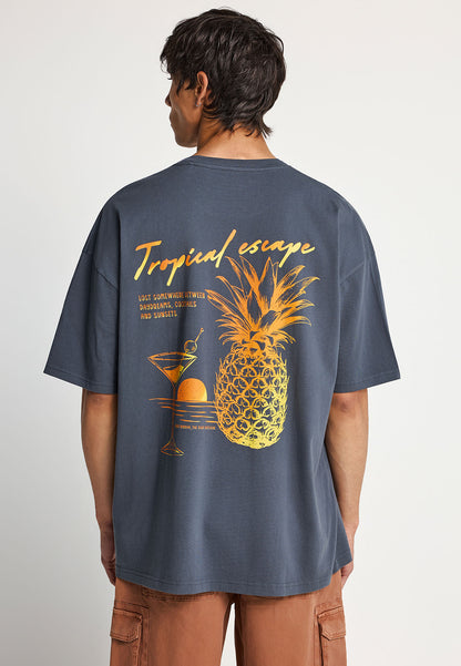 Ανδρικό Oversized T-Shirt Funky Buddha Tropical Print Ανθρακί