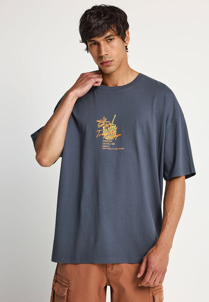 Ανδρικό Oversized T-Shirt Funky Buddha Tropical Print Ανθρακί